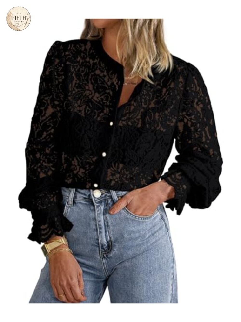 Lace Button Down Blouse Long Sleeve Crew Neck Tunic Top for Work Casual